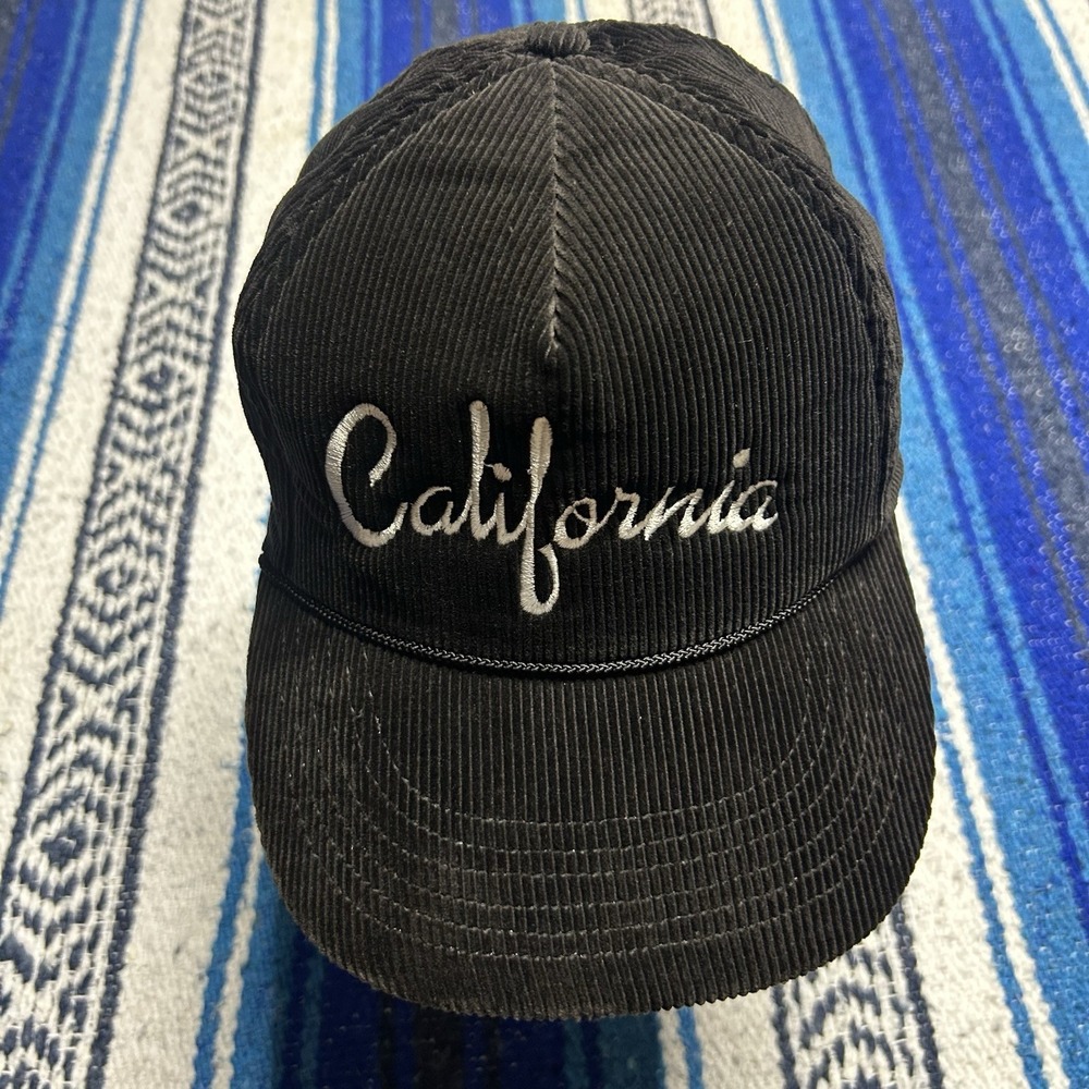 Vintage SnapBack hat corduroy cap California black spell out script logo
